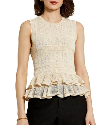 Mac Duggal Knit Round Neck Short Sleeve Tiered Ruffle Hem Top