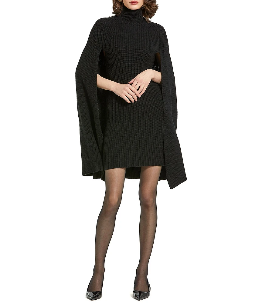 Mac Duggal Knit Turtleneck Long Cape Sleeve Merino Wool Blend Sheath Dress