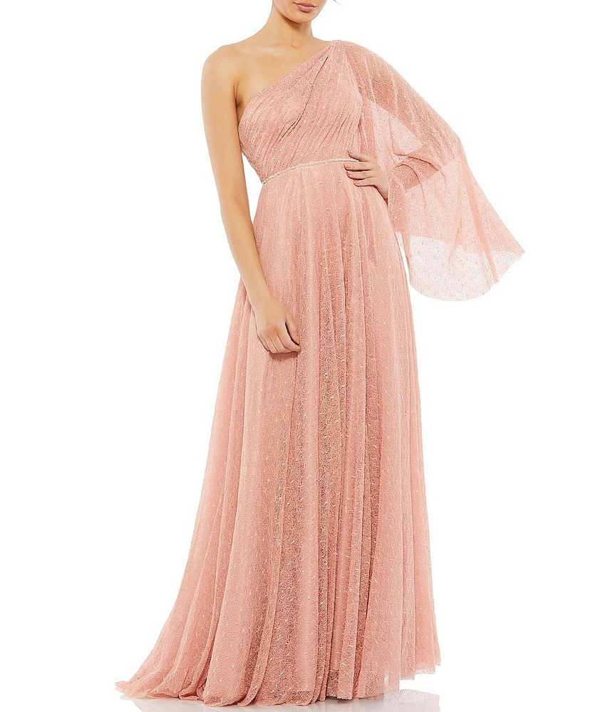 Mac Duggal Lace Asymmetrical One Shoulder Overlay Flutter Sleeve A-Line Gown