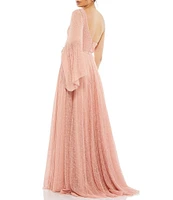 Mac Duggal Lace Asymmetrical One Shoulder Overlay Flutter Sleeve A-Line Gown