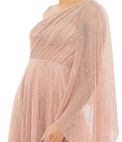 Mac Duggal Lace Asymmetrical One Shoulder Overlay Flutter Sleeve A-Line Gown