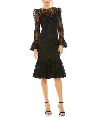 Mac Duggal Lace Illusion Crew Neck Long Sleeve Midi Mermaid Dress