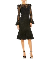 Mac Duggal Lace Illusion Crew Neck Long Sleeve Midi Mermaid Dress