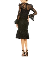 Mac Duggal Lace Illusion Crew Neck Long Sleeve Midi Mermaid Dress