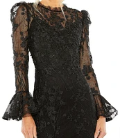 Mac Duggal Lace Illusion Crew Neck Long Sleeve Midi Mermaid Dress