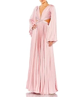 Mac Duggal Long Balloon Sleeve Side Cut-Out Pleated Deep V-Neck Satin A-Line Gown