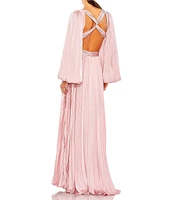 Mac Duggal Long Balloon Sleeve Side Cut-Out Pleated Deep V-Neck Satin A-Line Gown
