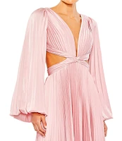 Mac Duggal Long Balloon Sleeve Side Cut-Out Pleated Deep V-Neck Satin A-Line Gown