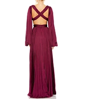 Mac Duggal Long Balloon Sleeve Side Cut-Out Pleated Deep V-Neck Satin A-Line Gown