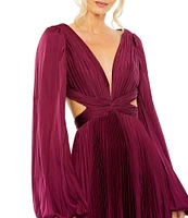 Mac Duggal Long Balloon Sleeve Side Cut-Out Pleated Deep V-Neck Satin A-Line Gown