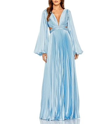 Mac Duggal Long Balloon Sleeve Side Cut-Out Pleated Deep V-Neck Satin A-Line Gown