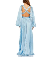 Mac Duggal Long Balloon Sleeve Side Cut-Out Pleated Deep V-Neck Satin A-Line Gown