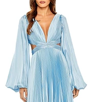 Mac Duggal Long Balloon Sleeve Side Cut-Out Pleated Deep V-Neck Satin A-Line Gown