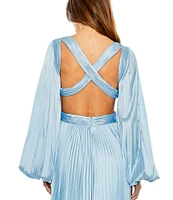 Mac Duggal Long Balloon Sleeve Side Cut-Out Pleated Deep V-Neck Satin A-Line Gown