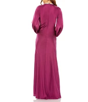 Mac Duggal Long Bishop Sleeve Beaded Crew Neck Satin Gown