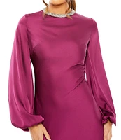 Mac Duggal Long Bishop Sleeve Beaded Crew Neck Satin Gown