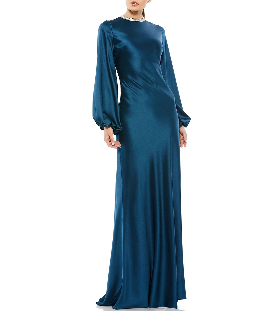 Mac Duggal Long Bishop Sleeve Beaded Crew Neck Satin Gown