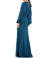 Mac Duggal Long Bishop Sleeve Beaded Crew Neck Satin Gown