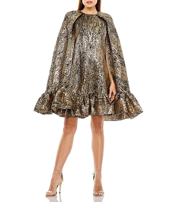 Mac Duggal Long Cape Sleeve Ruffled Hem Metallic Dress