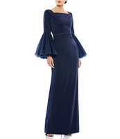 Mac Duggal Long Flounce Sleeve Square Neck Sheath Gown