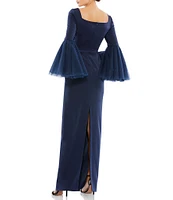 Mac Duggal Long Flounce Sleeve Square Neck Sheath Gown