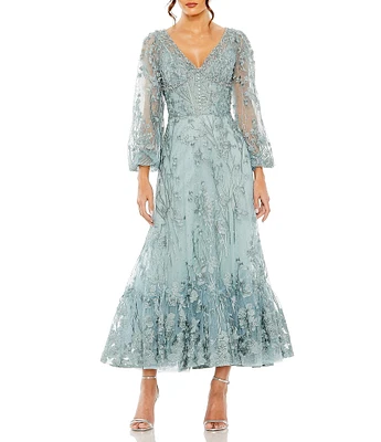 Mac Duggal Floral Embellished Long Puff Sleeve V-Neck Dress