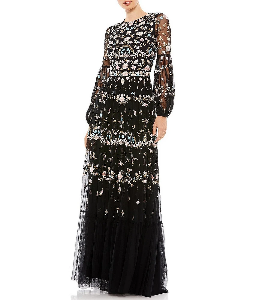 Mac Duggal Long Sheer Sleeve Crew Neck Floral Print Embroidered Tiered A-Line Gown