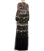 Mac Duggal Long Sheer Sleeve Crew Neck Floral Print Embroidered Tiered A-Line Gown