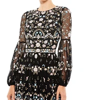 Mac Duggal Long Sheer Sleeve Crew Neck Floral Print Embroidered Tiered A-Line Gown