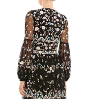 Mac Duggal Long Sheer Sleeve Crew Neck Floral Print Embroidered Tiered A-Line Gown