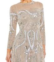 Mac Duggal Long Sleeve A-Line Crew Neck Lined Beaded Gown