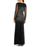 Mac Duggal Long Sleeve Bateau Neck Sequin Embellished A Line Gown