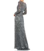 Mac Duggal Long Sleeve Sequin Crew Neck Fully Lined Sheath Gown