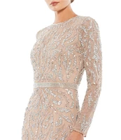 Mac Duggal Long Sleeve Sequin Crew Neck Fully Lined Sheath Gown