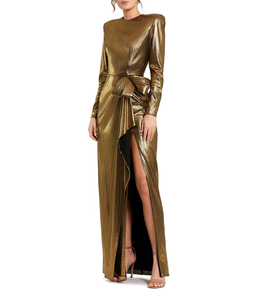 Mac Duggal Long Sleeve Bow Detail Metallic Jersey Gown