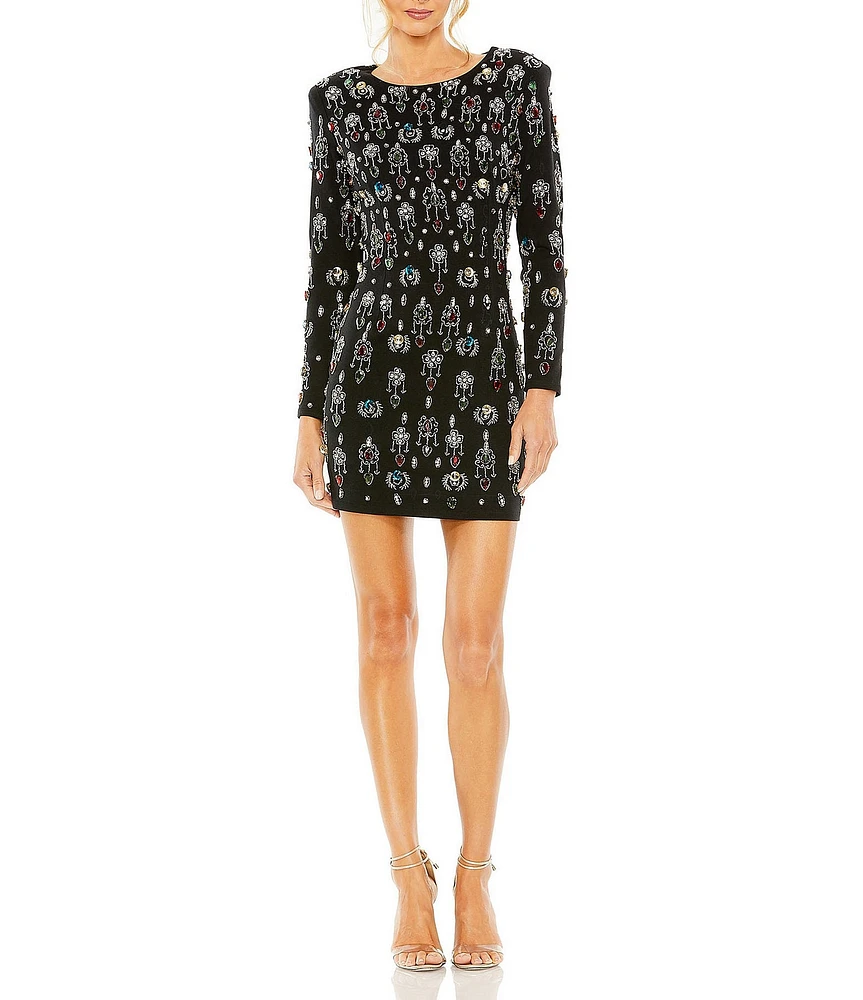 Mac Duggal Long Sleeve Crew Embellished Velvet Mini Dress