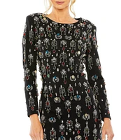 Mac Duggal Long Sleeve Crew Embellished Velvet Mini Dress