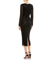 Mac Duggal Long Sleeve Crew Neck Beaded Midi Sheath Dress