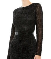 Mac Duggal Long Sleeve Crew Neck Beaded Midi Sheath Dress