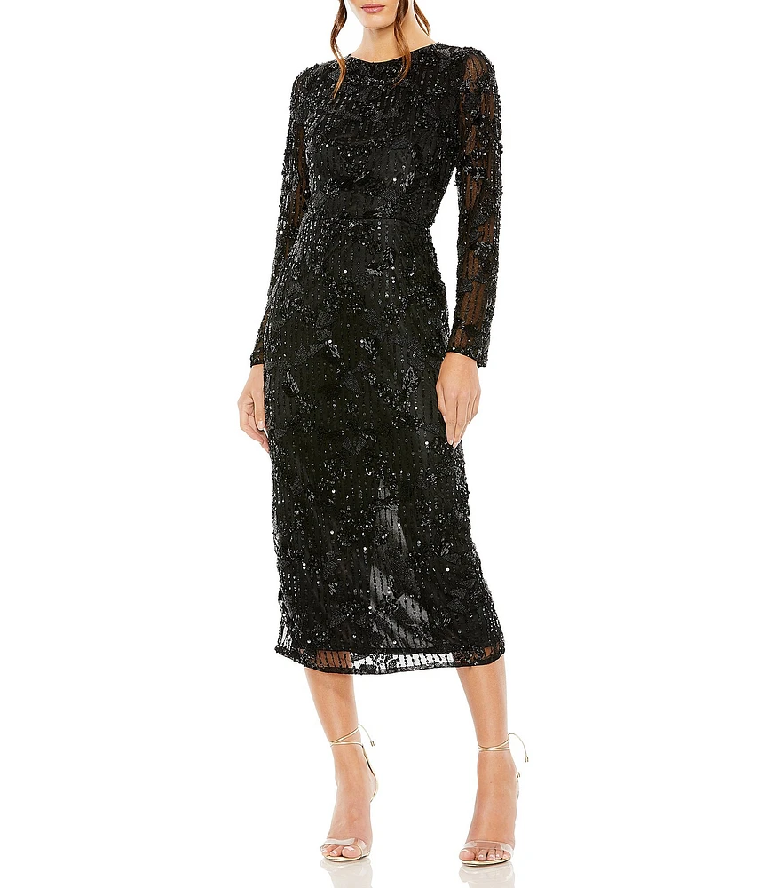 Mac Duggal Long Sleeve Crew Neck Embellished Dress