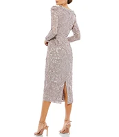 Mac Duggal Long Sleeve Crew Neck Embellished Midi Sheath Dress