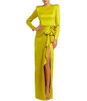 Mac Duggal Long Sleeve Crew Neck Ruched Waist Draped Bow Thigh High Slit Satin A-Line Gown