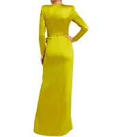 Mac Duggal Long Sleeve Crew Neck Ruched Waist Draped Bow Thigh High Slit Satin A-Line Gown