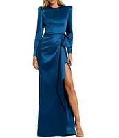 Mac Duggal Long Sleeve Crew Neck Ruched Waist Draped Bow Thigh High Slit Satin A-Line Gown