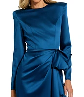 Mac Duggal Long Sleeve Crew Neck Ruched Waist Draped Bow Thigh High Slit Satin A-Line Gown