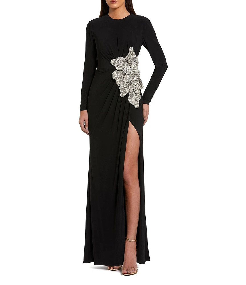 Mac Duggal Long Sleeve Embellished Flower Applique Jersey Gown