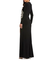 Mac Duggal Long Sleeve Embellished Flower Applique Jersey Gown