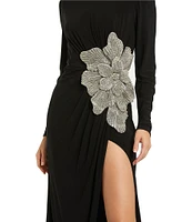 Mac Duggal Long Sleeve Embellished Flower Applique Jersey Gown