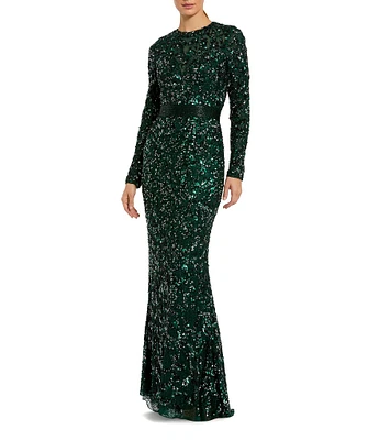 Mac Duggal Long Sleeve Hand Embellished Beaded Sequin Georgette Column Gown