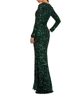 Mac Duggal Long Sleeve Hand Embellished Beaded Sequin Georgette Column Gown